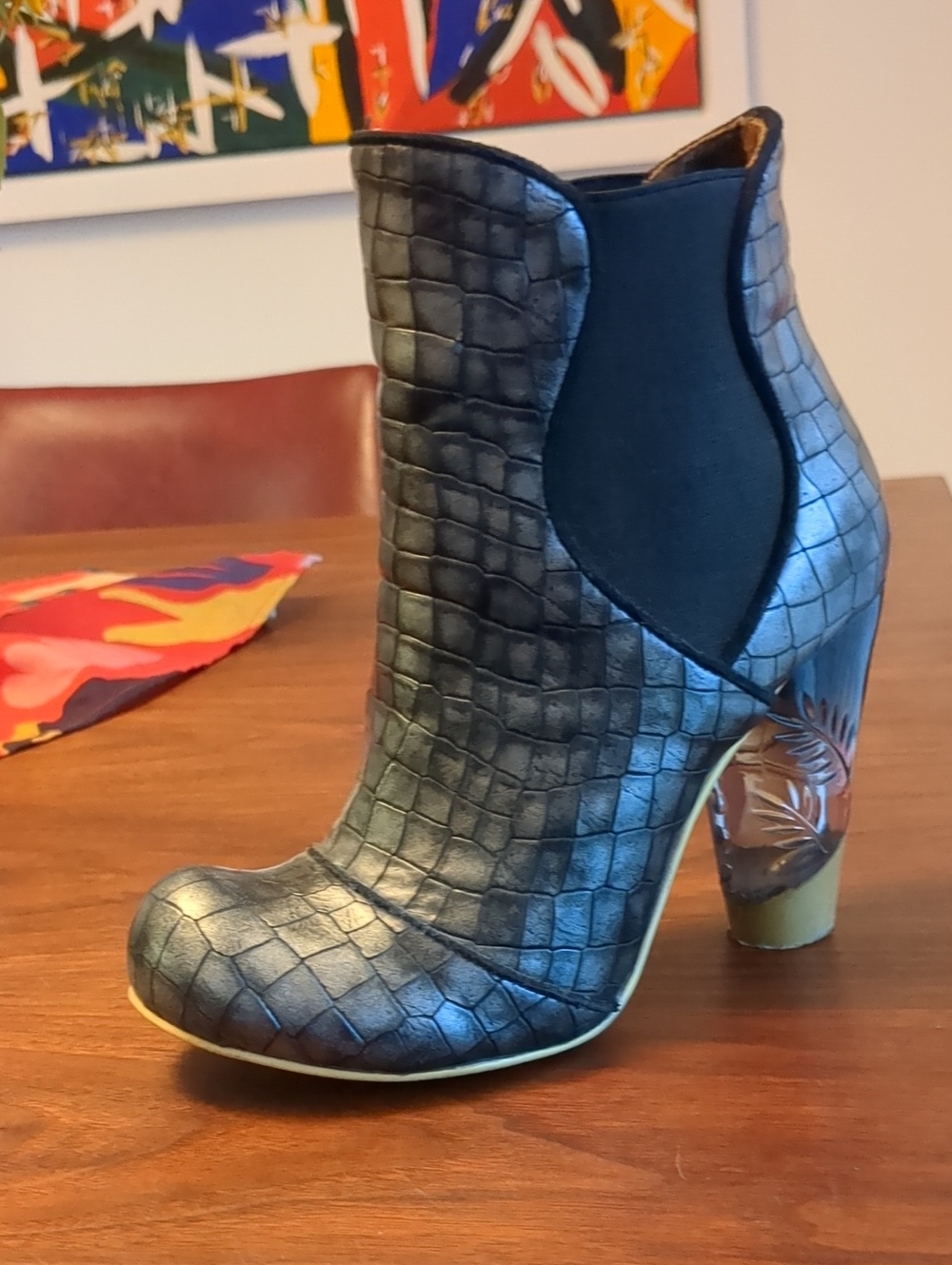 Irregular Choice Metallic Gray Croc-Embossed Ankle Booties with Sculpted Heel